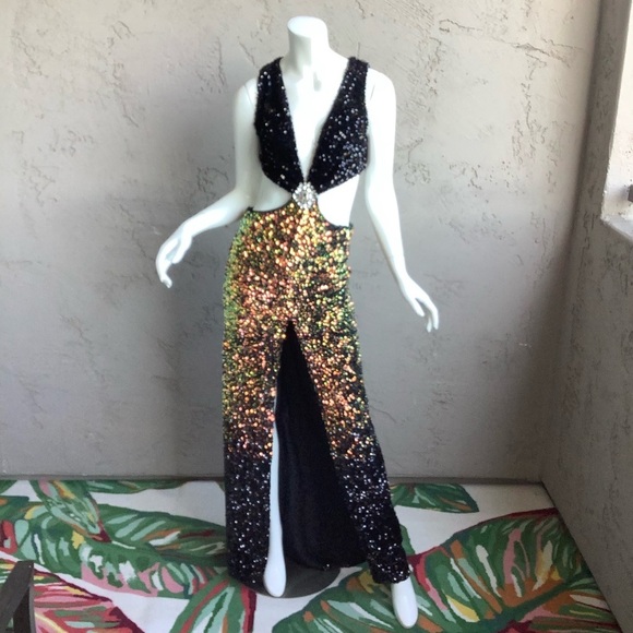 Nova Luxe Black and Rainbow Gold Sequin Gown - Picture 2 of 9